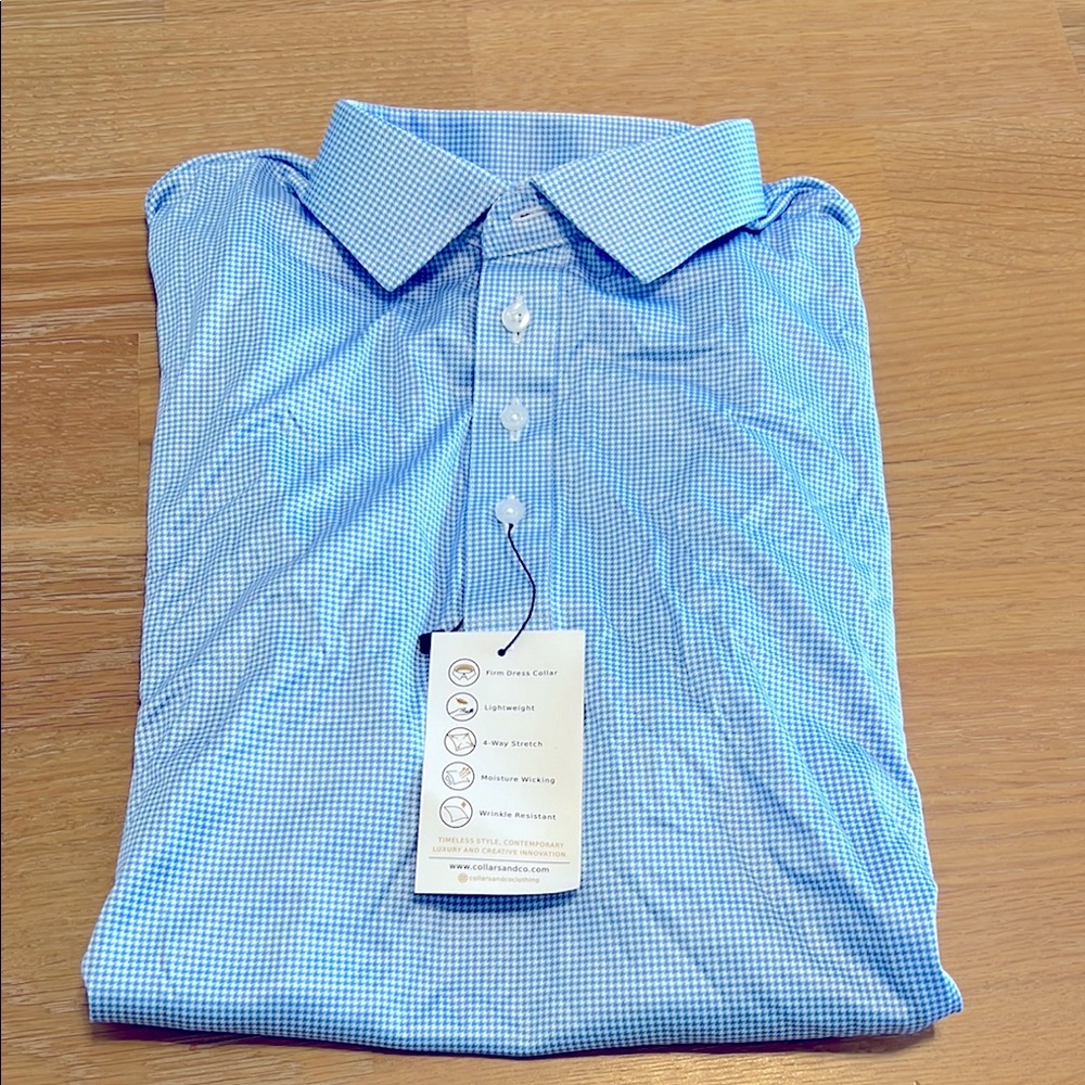 NEW Collars &Co Men's Blue houndstooth polo Shirt size medium
